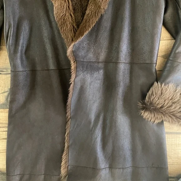 Vintage WHISTLES Dark Brown Soft Leather & Fur Long Overcoat Size Medium